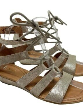 Crown Vintage Metallic Gold Lace Up Gladiator Wedge Sandals Back Zip Sz 9 40.5